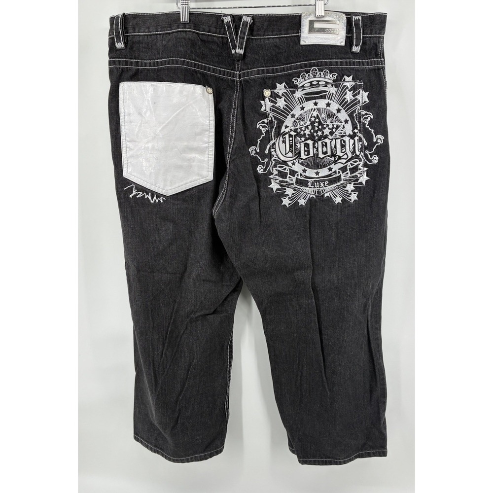 VNTG 90's Y2K Coogi Jeans Men Gray Embroidered Baggy Genuine Leather 46X27 - Picture 3 of 10